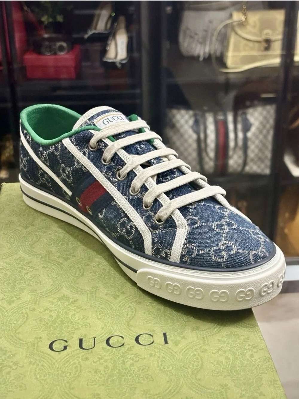 Gucci Tennis 1977 GG Denim Sneakers Blue Web Stripe Low Top Mens US 9. COA.